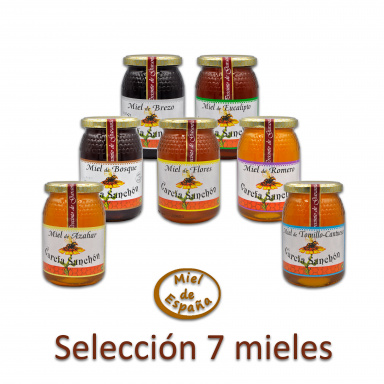 Pack prueba Mini Selección 7 mieles (opción + polen): azahar, bosque (encina, roble...), brezo, eucalipto, flores, romero, tomillo-cantueso, polen.
