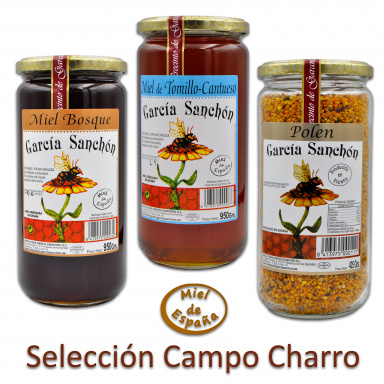 Pack Campo Charro Selección de mieles y polen de Salamanca y Extremadura: bosque (encina, roble...), tomillo, polen.